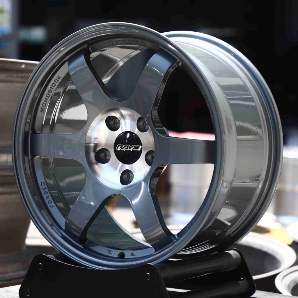 Subaru WRX wheels – Gunmetal (Rays Volk Racing TE37-Style), angled view