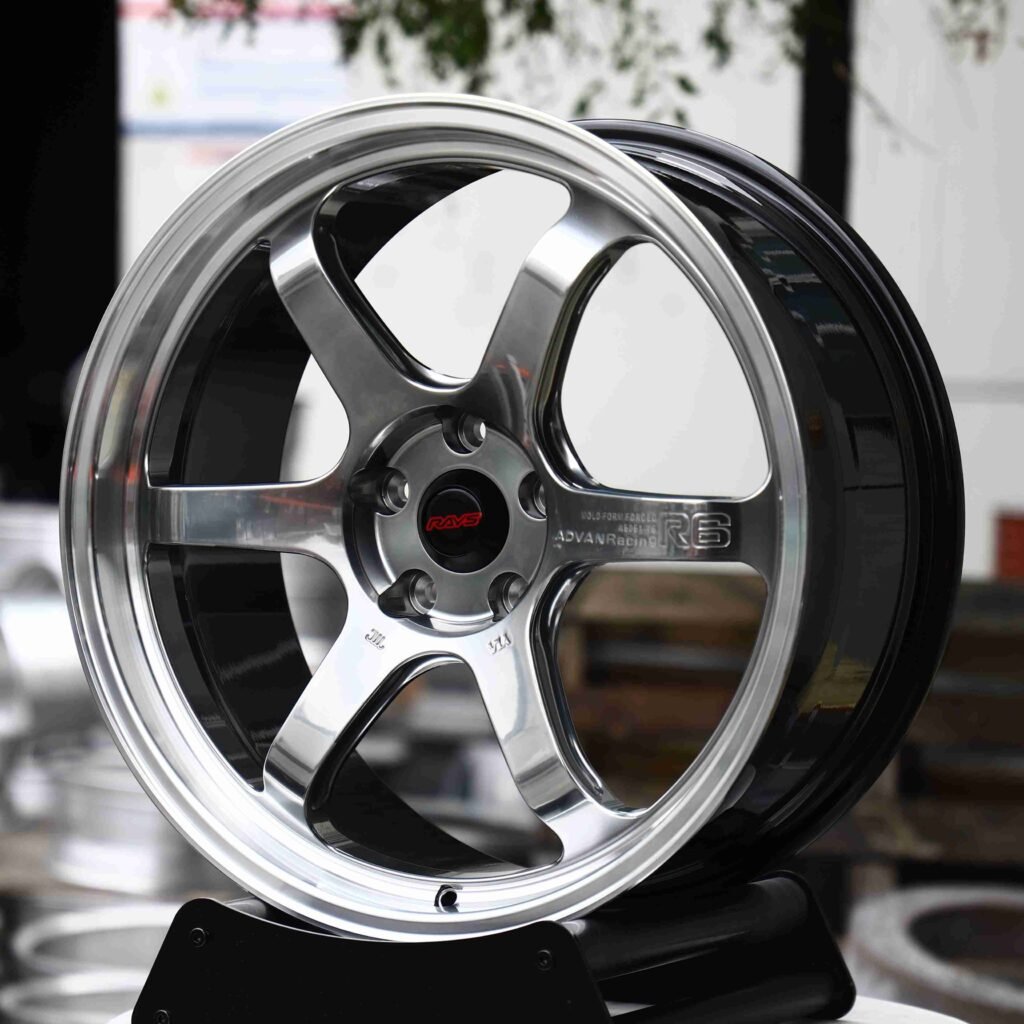 Subaru WRX wheels – Metallic Gray (Rays Volk Racing TE37-Style), angled view