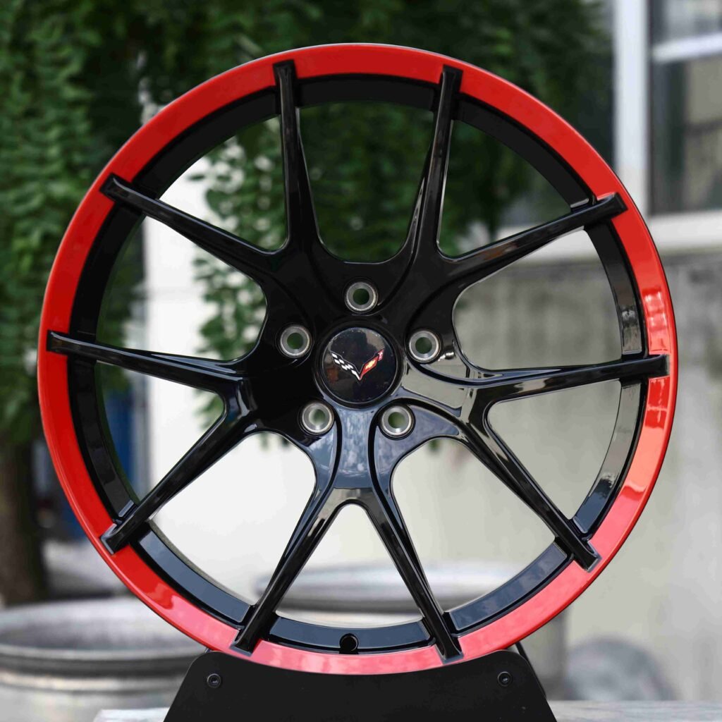 Tesla Model 3 wheels – Red / Black 5 Y-Spoke, front view