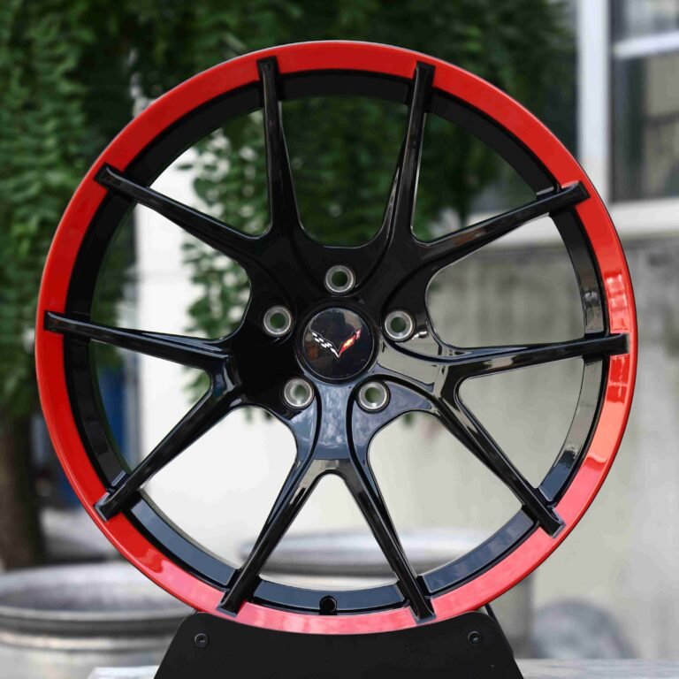Tesla Model 3 wheels – Red / Black 5 Y-Spoke, front view