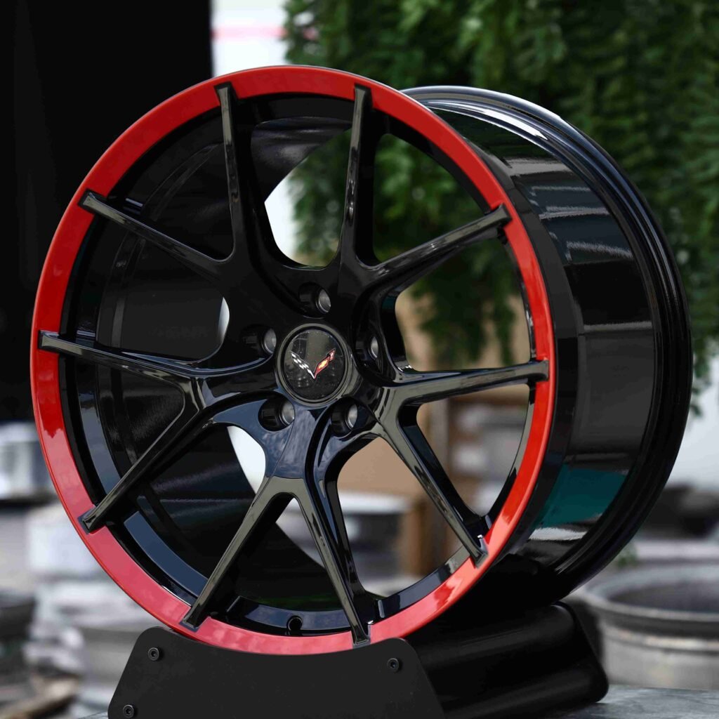 Tesla Model Y wheels – Red / Black 5 Y-Spoke, angled view