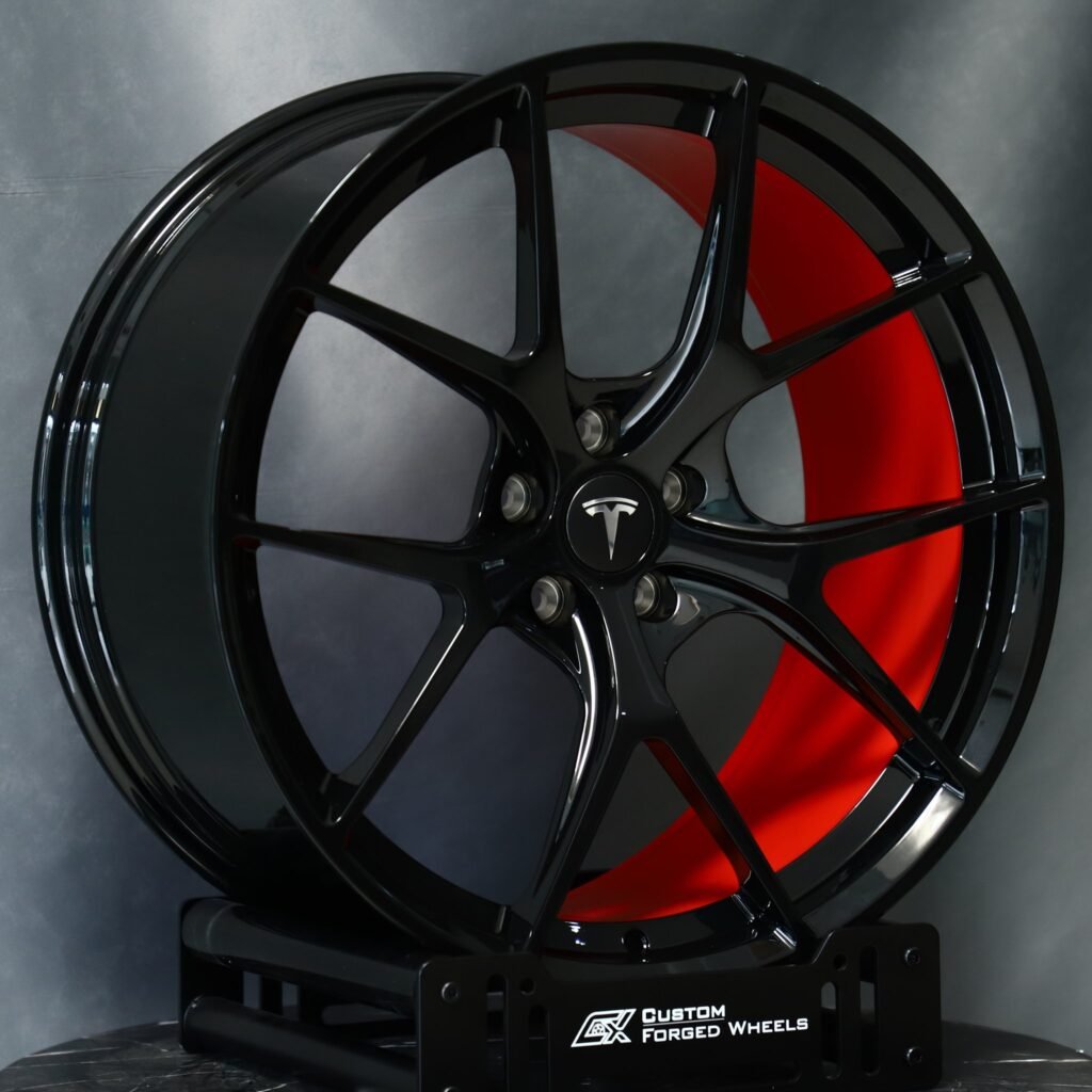 Tesla Model S wheels – Red / Black Custom, angled view