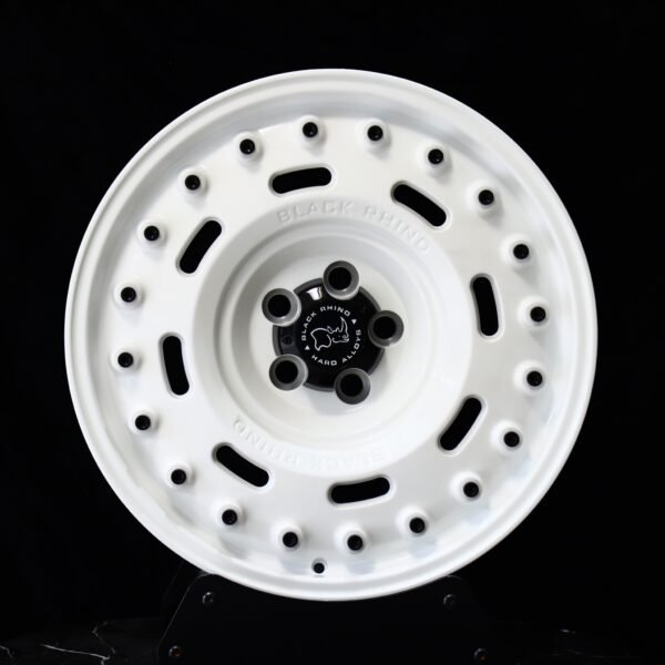 Black Rhino-Style Rhino Gloss White Full-Face Exposed Bolt Detail Forged Wheels – Jeep Wrangler / Land Cruiser, front view