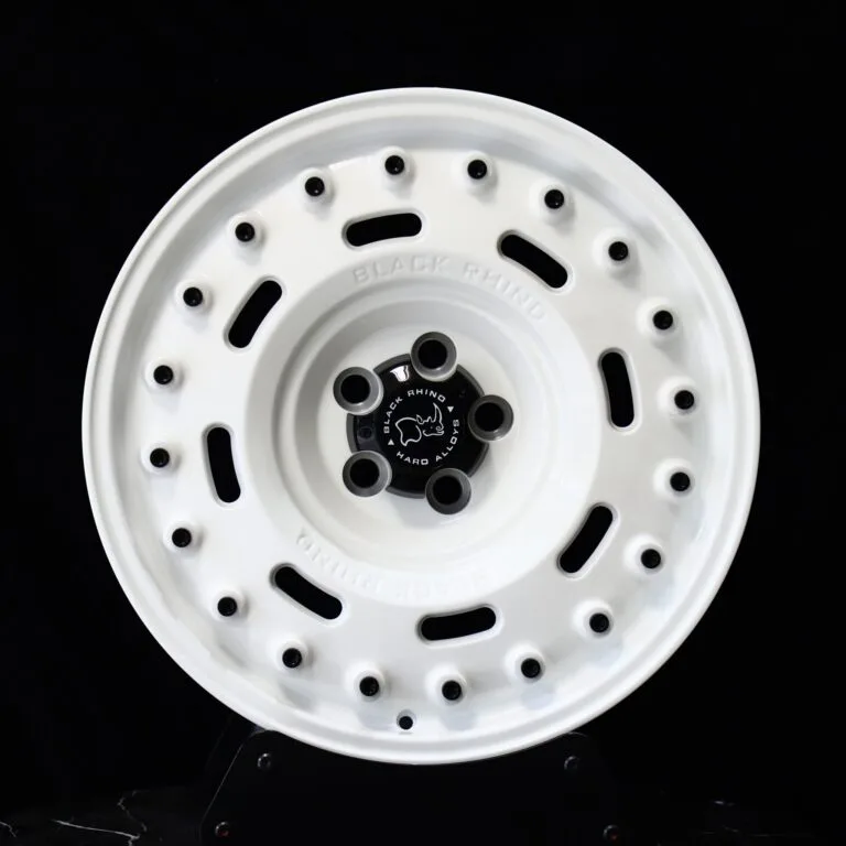 Black Rhino-Style Rhino Gloss White Full-Face Exposed Bolt Detail Forged Wheels – Jeep Wrangler / Land Cruiser, front view