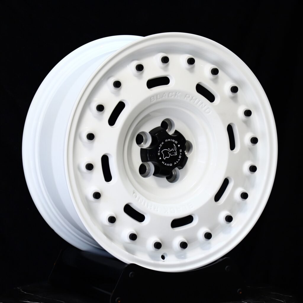 Toyota Land Cruiser wheels – Rhino Gloss White Full-Face Exposed Bolt Detail (Black Rhino-Style), angled view