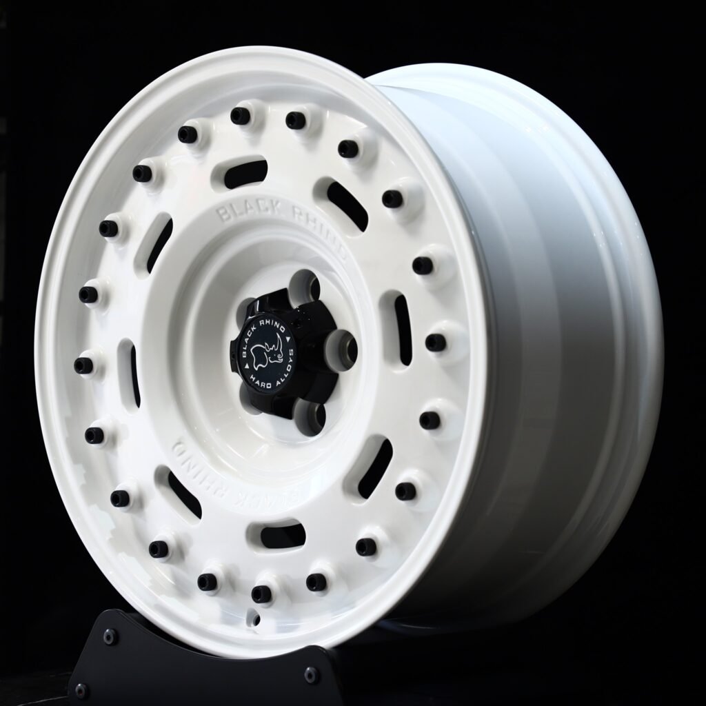 5x127 wheels – Rhino Gloss White Full-Face Exposed Bolt Detail (Black Rhino-Style), side view