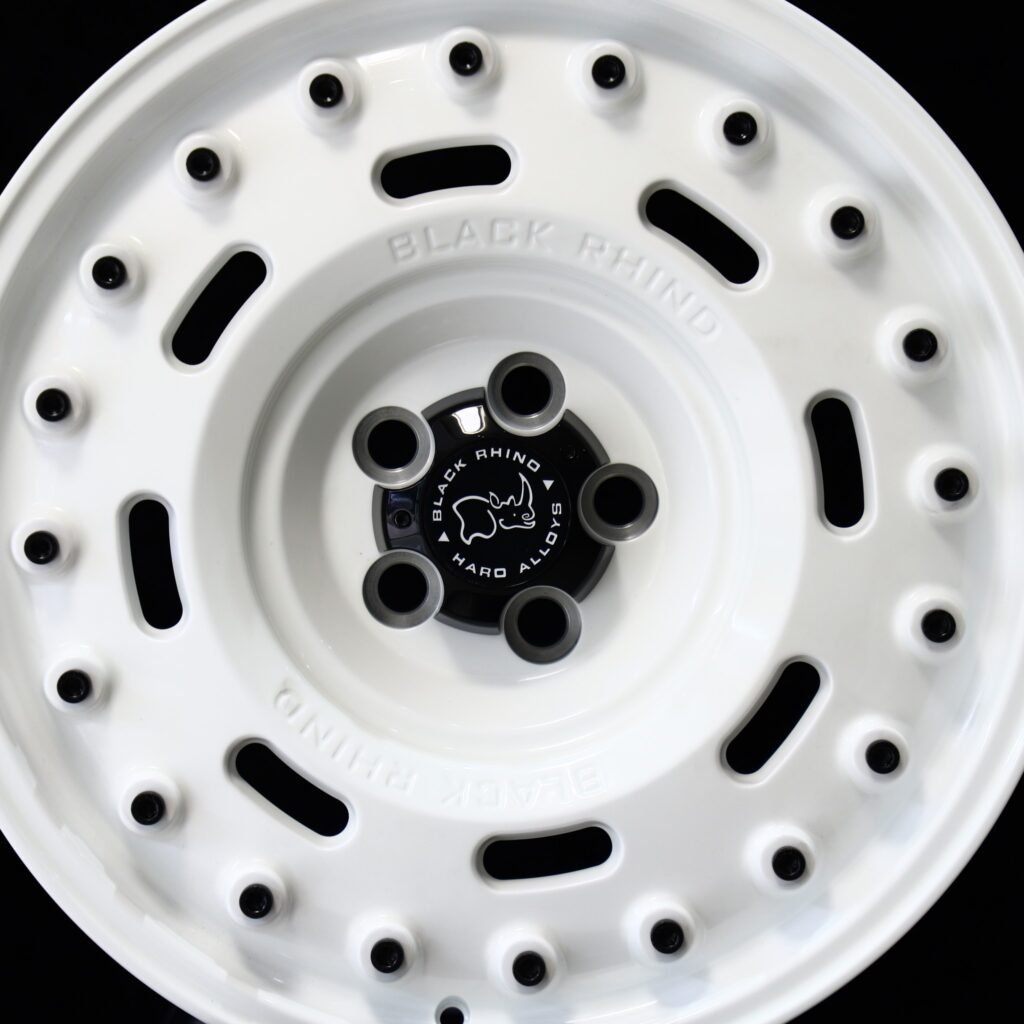 Jeep Gladiator wheels – Rhino Gloss White Full-Face Exposed Bolt Detail (Black Rhino-Style), lip and barrel detail