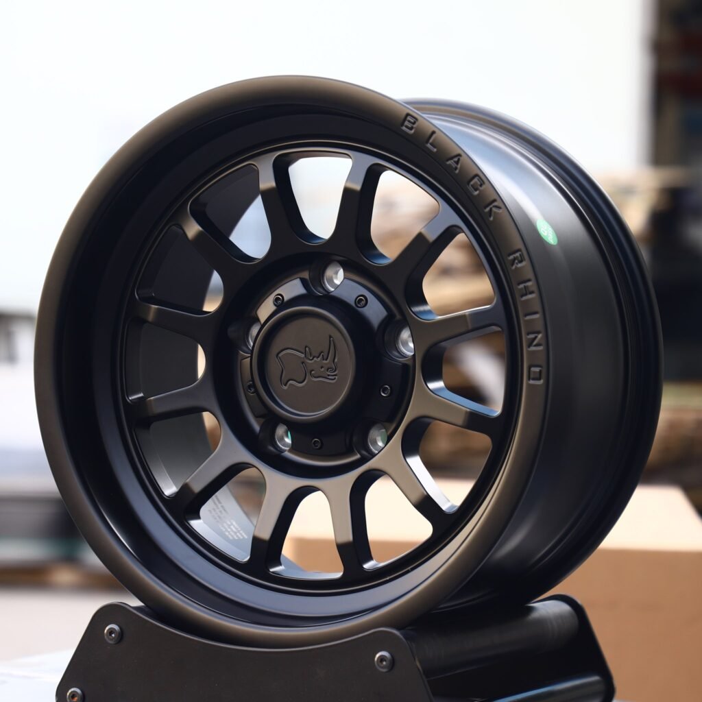Toyota Land Cruiser wheels – Rhino Matte Black Deep Lip, angled view