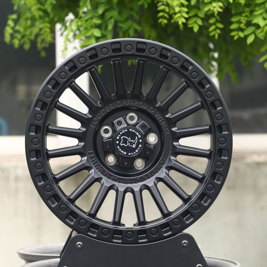 Jeep Wrangler wheels – Rhino Matte Black Exposed Bolt Detail, front view