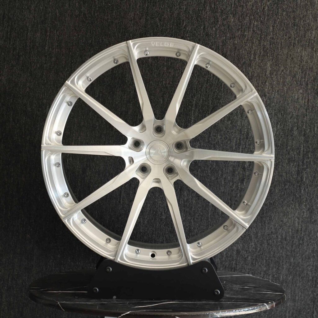 Tesla Model 3 wheels – Riveted Brushed Silver 10-Spoke, front view