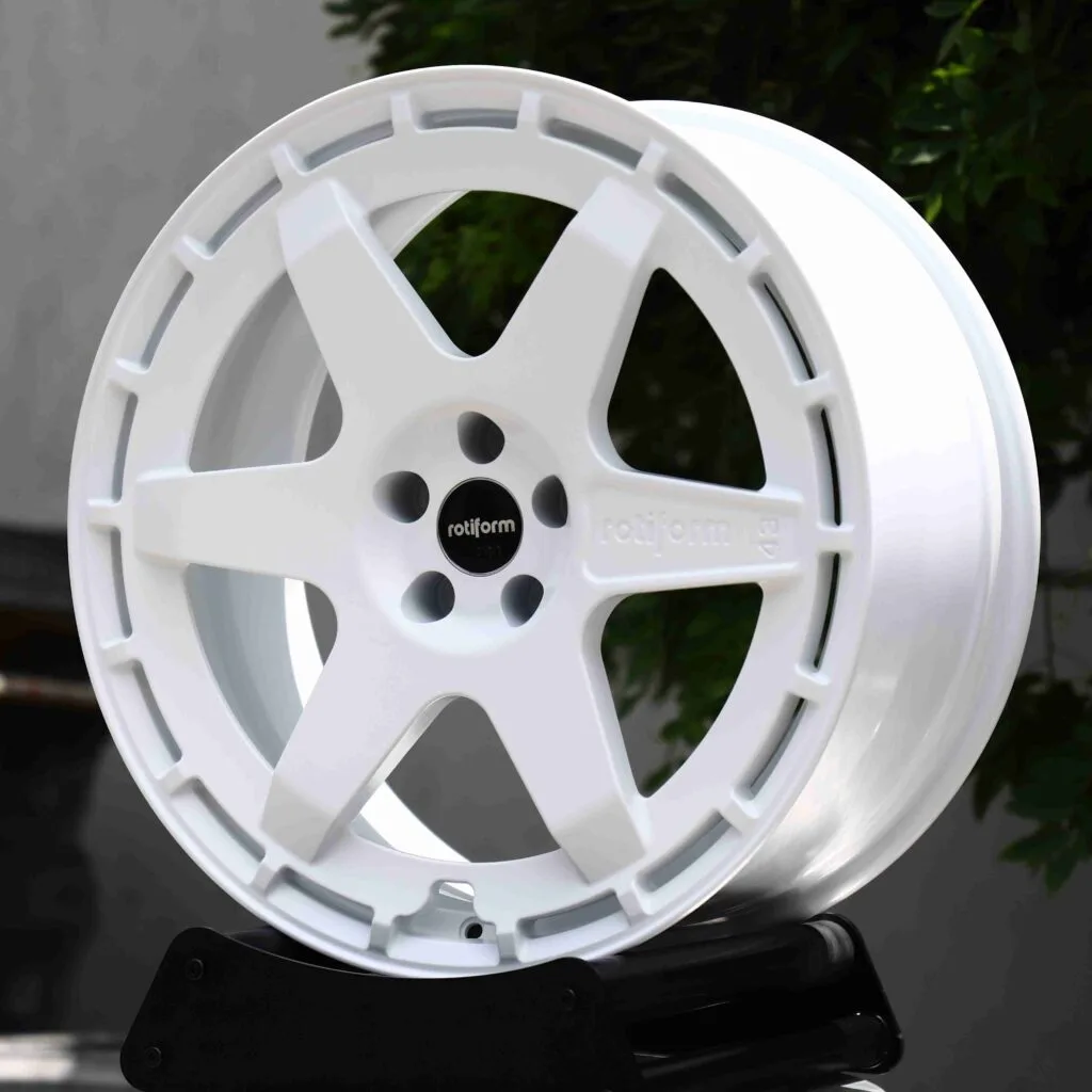 Audi RS3 wheels – Gloss White 6-Spoke (Rotiform SIX-Style), angled view