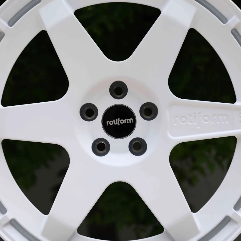 Toyota GR Supra wheels – Gloss White 6-Spoke (Rotiform SIX-Style), lip and barrel detail