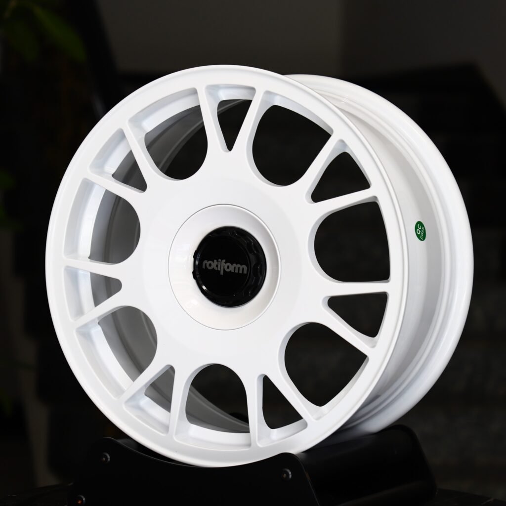 Audi RS3 wheels – Rotiform Gloss White Custom, angled view