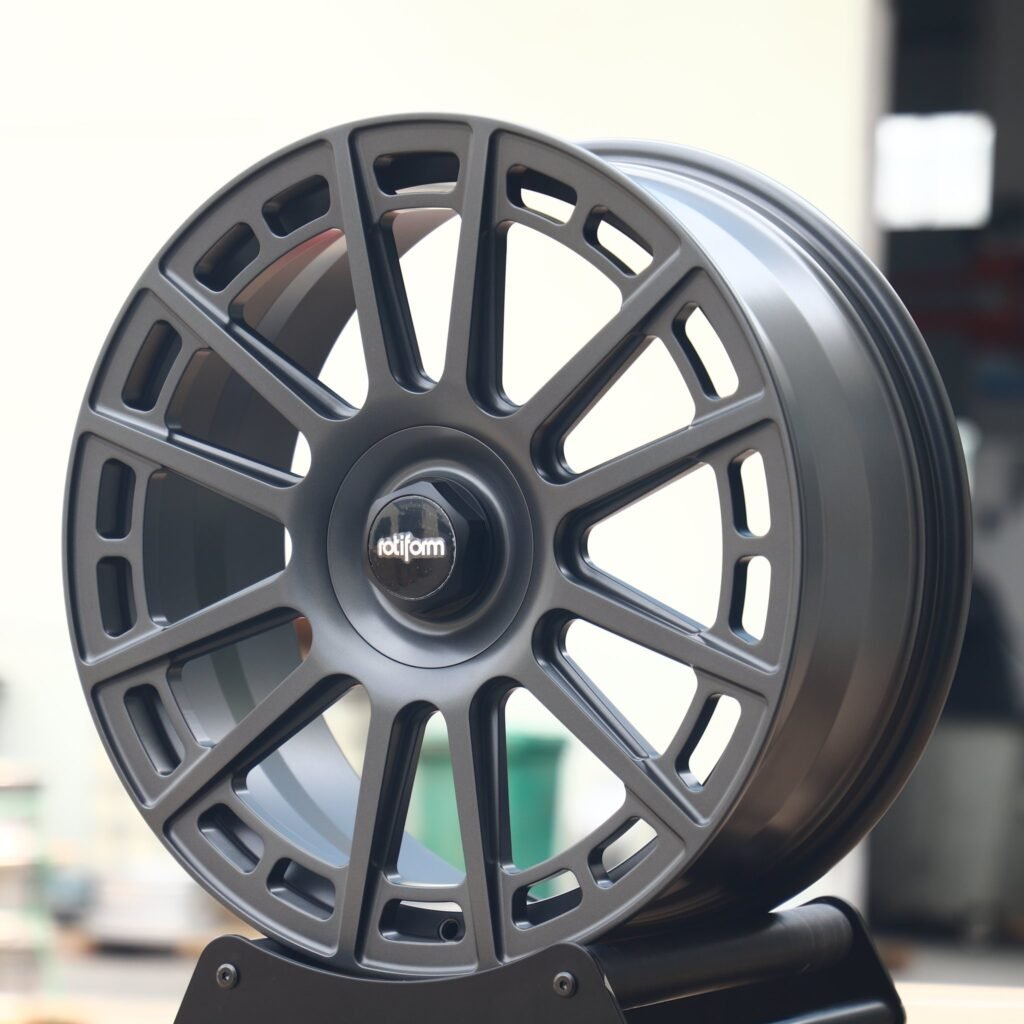Audi RS3 wheels – Rotiform Matte Silver 12-Spoke Double-Ring, angled view