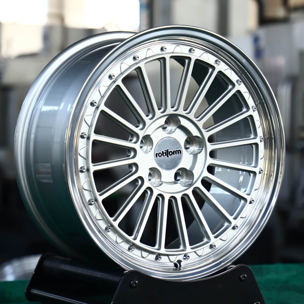Audi RS3 wheels – Rotiform Matte Silver Deep Lip Riveted, angled view