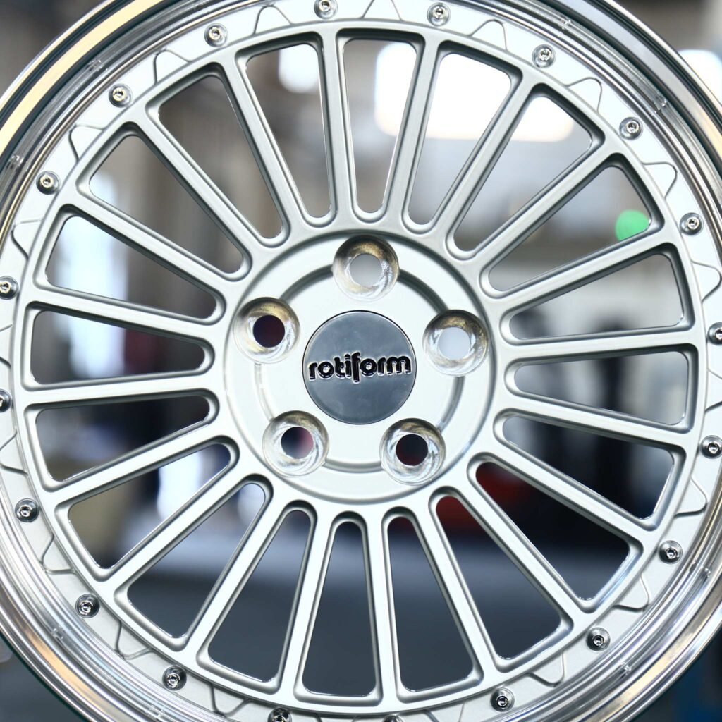 Toyota GR Supra wheels – Rotiform Matte Silver Deep Lip Riveted, lip and barrel detail