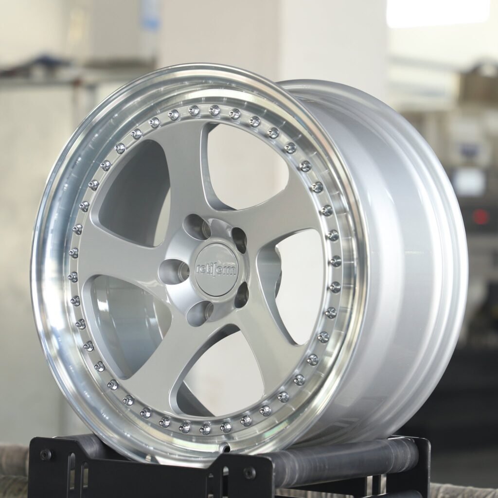 Audi RS3 wheels – Rotiform Silver Faux 2-Piece 5-Spoke Deep Lip, angled view