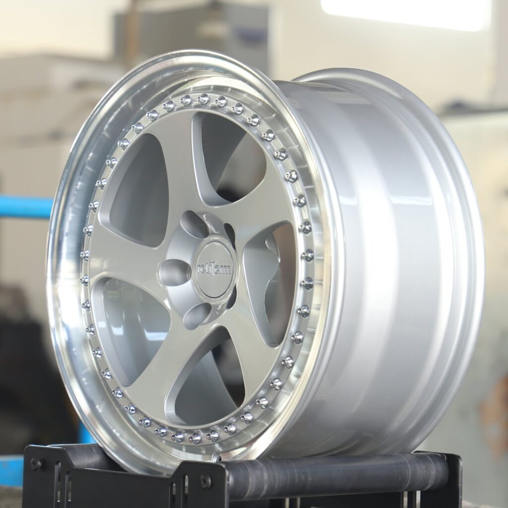 5x112 wheels – Rotiform Silver Faux 2-Piece 5-Spoke Deep Lip, side view