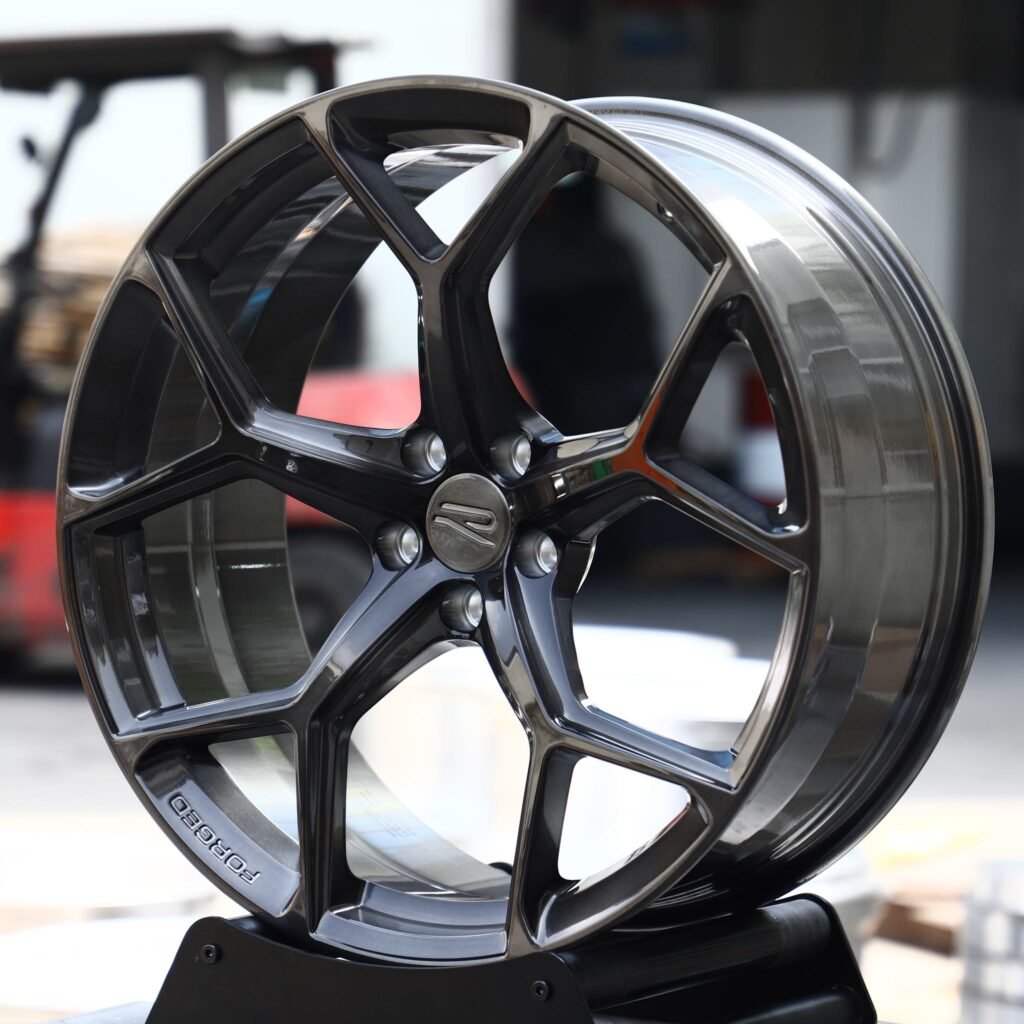 BMW M3 wheels – Gloss Black 5-Spoke (Rotiform-Style), angled view