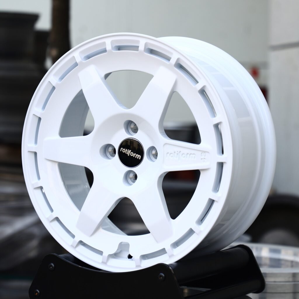4x100 wheels – Gloss White 6-Spoke (Rotiform-Style), side view