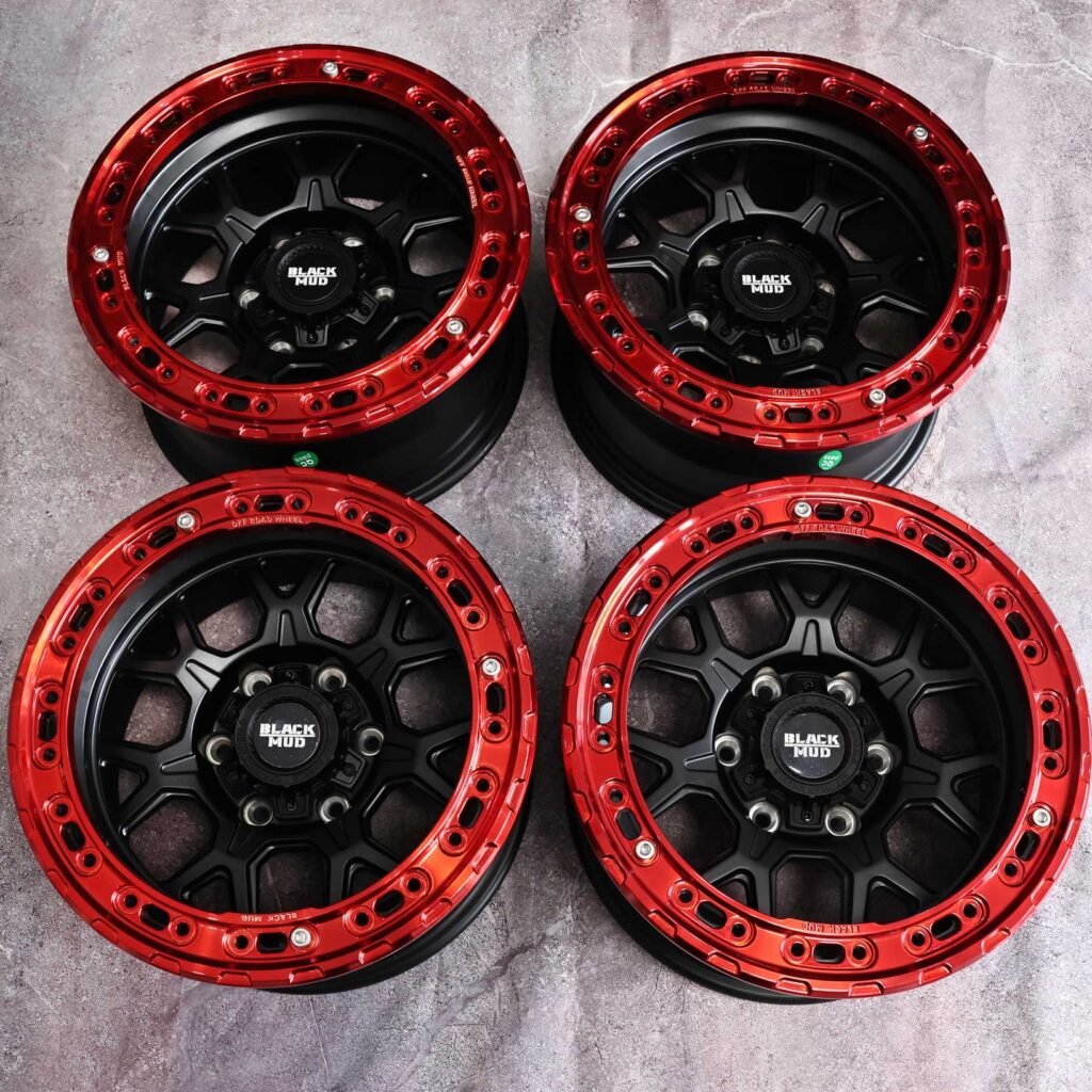 Toyota Tacoma wheels – Satin Black / Candy Red Custom, angled view