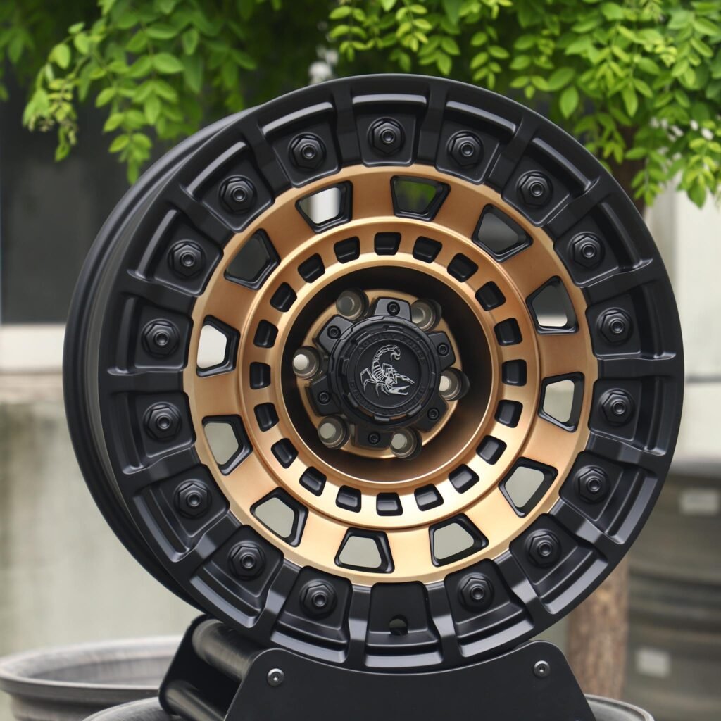 Chevrolet Silverado wheels – Scorpion Matte Black Exposed Bolt Detail, angled view
