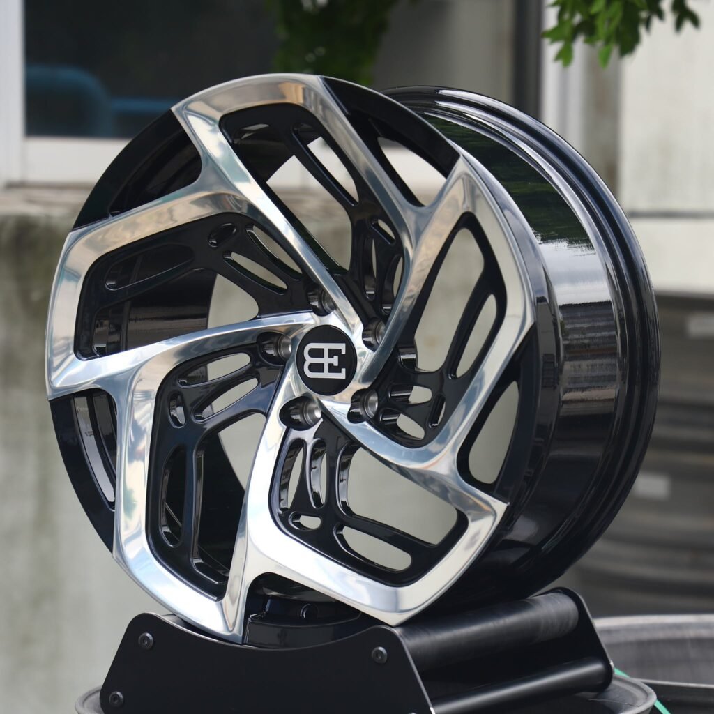 Bugatti Chiron wheels – Silver / Gloss Black Directional Machined-Face (Bugatti OEM-Style), angled view