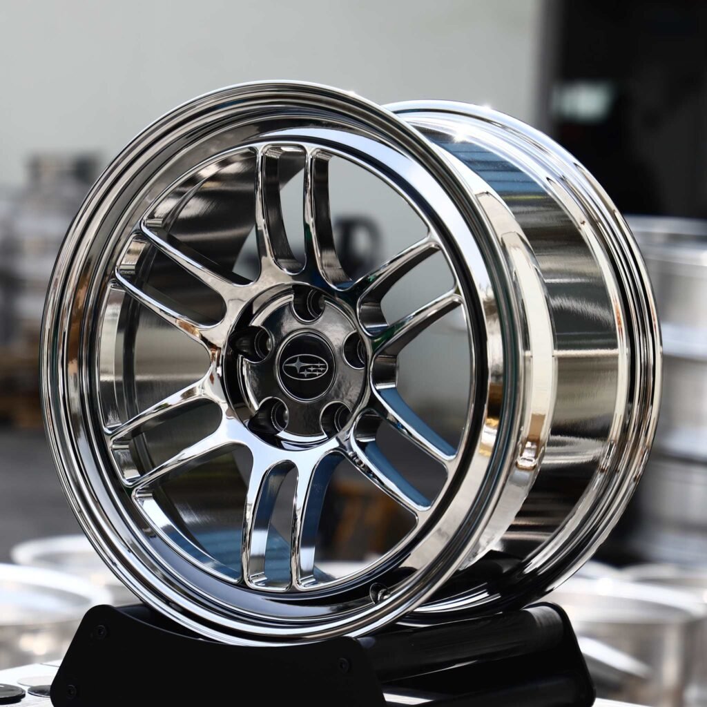 Subaru WRX STI wheels – Chrome Twin 6-Spoke (Subaru OEM-Style), angled view
