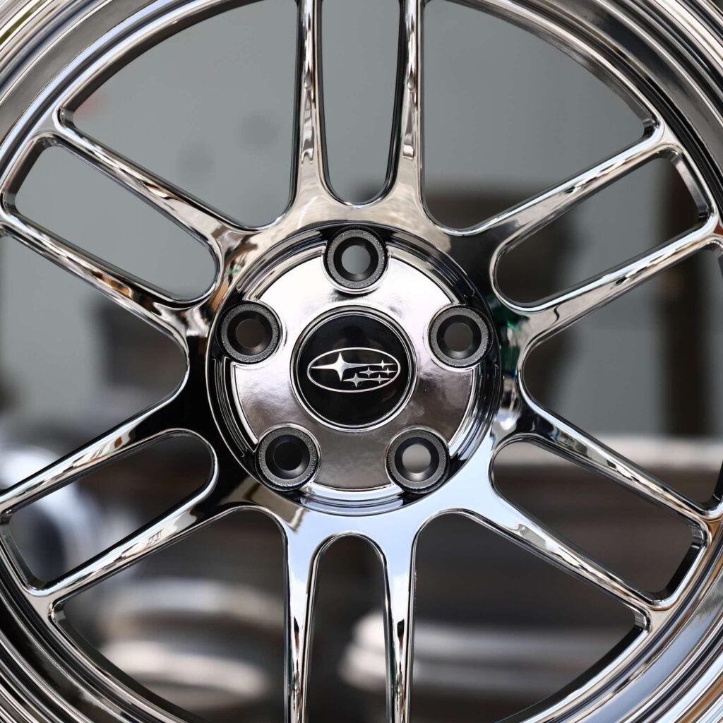 Subaru WRX wheels – Chrome Twin 6-Spoke (Subaru OEM-Style), lip and barrel detail