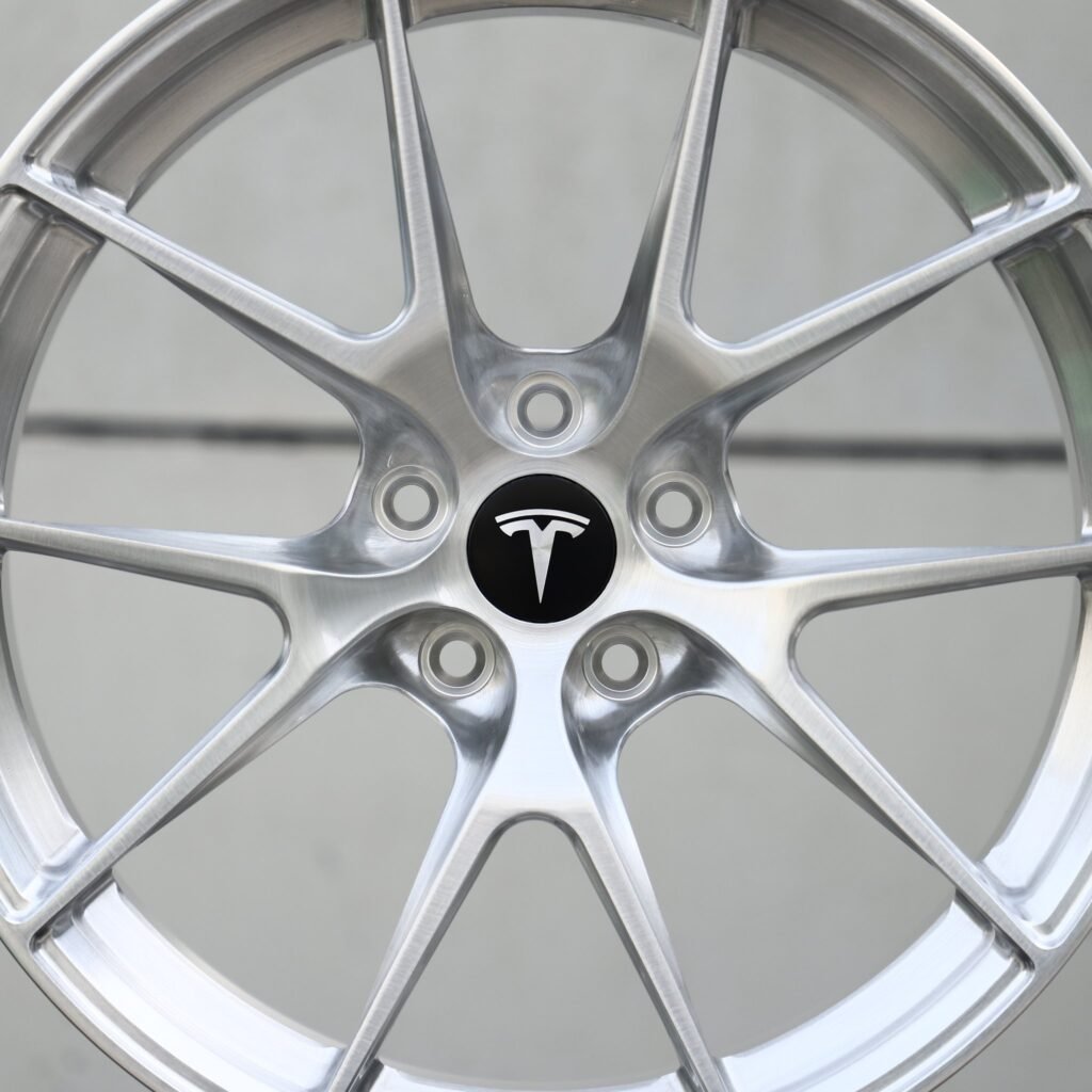 Tesla Model Y wheels – Brushed Silver 5 Y-Spoke (Tesla OEM-Style), angled view