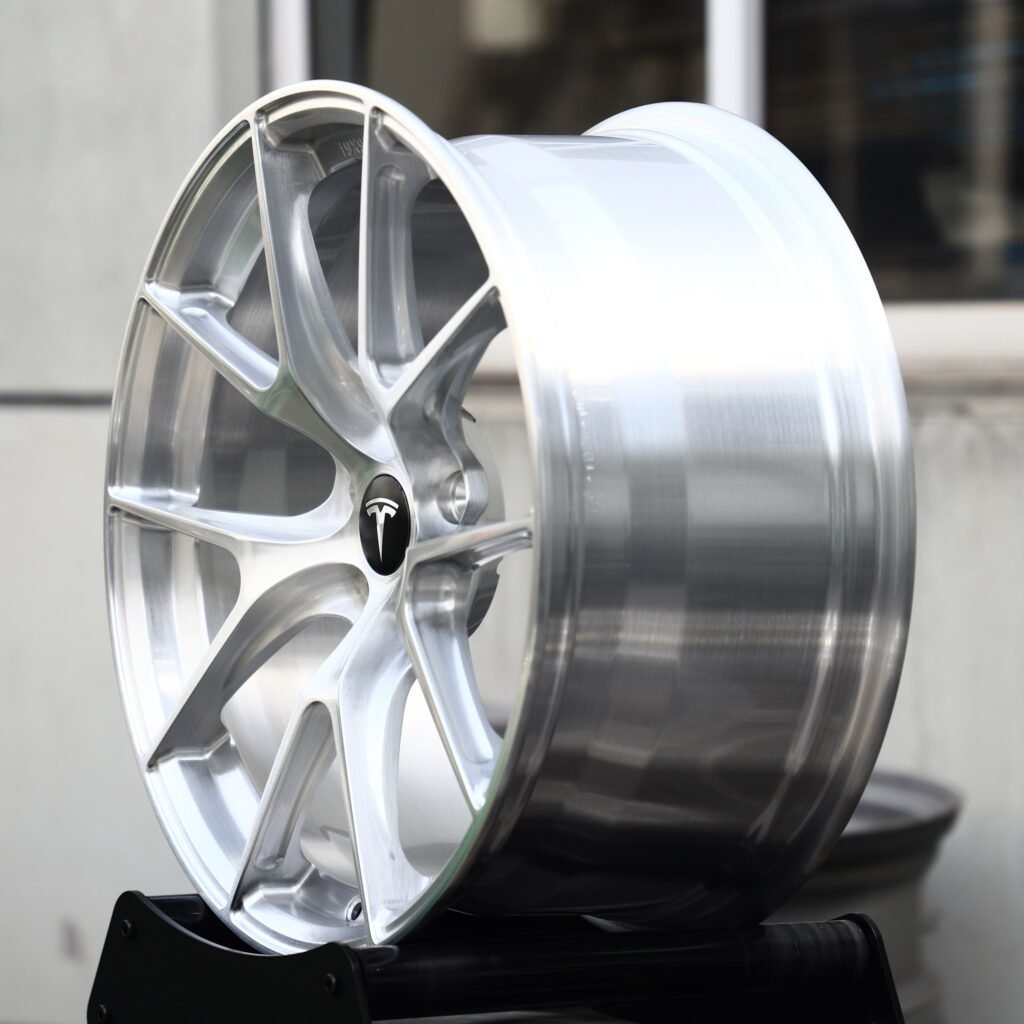 Tesla Model 3 wheels – Brushed Silver 5 Y-Spoke (Tesla OEM-Style), lip and barrel detail