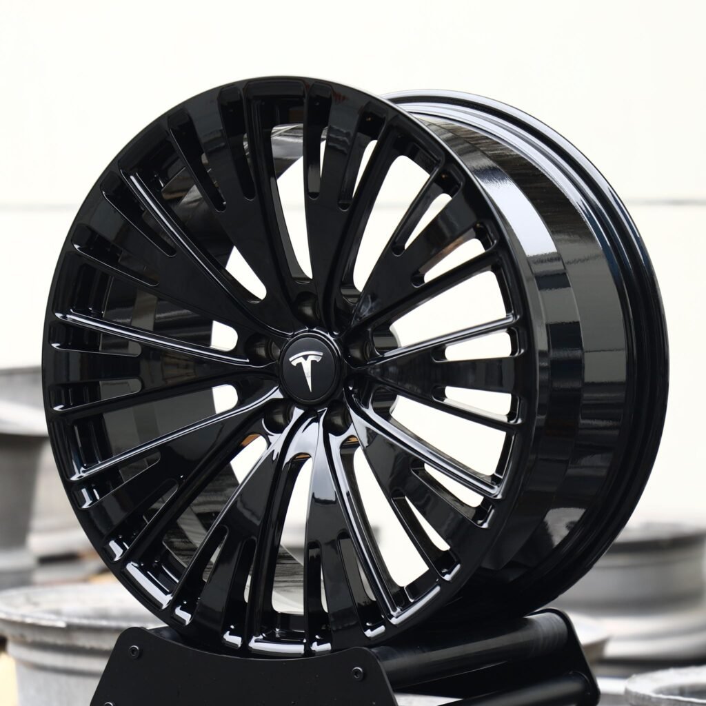 Tesla Model Y wheels – Gloss Black Machined Multi-Spoke (Tesla OEM-Style), angled view