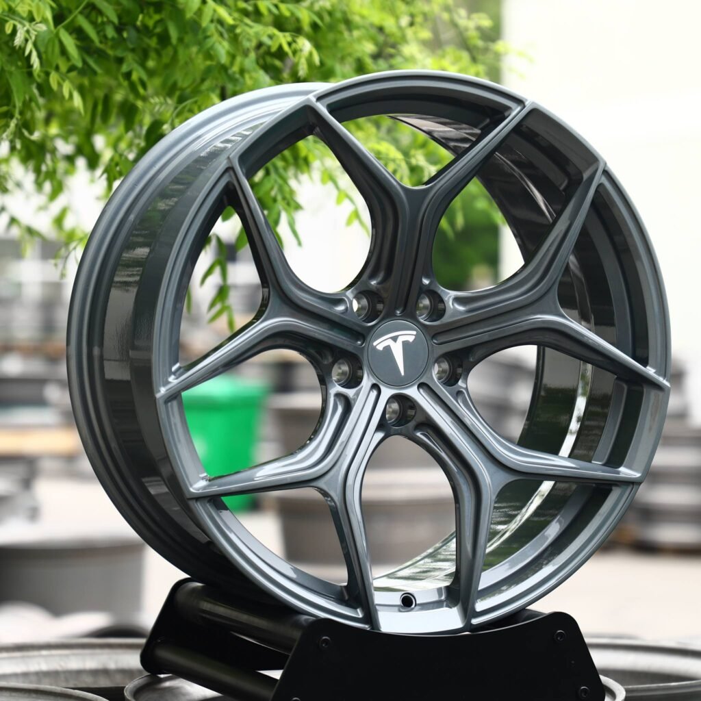 Tesla Model Y wheels – Gunmetal 5 Y-Spoke (Tesla OEM-Style), angled view
