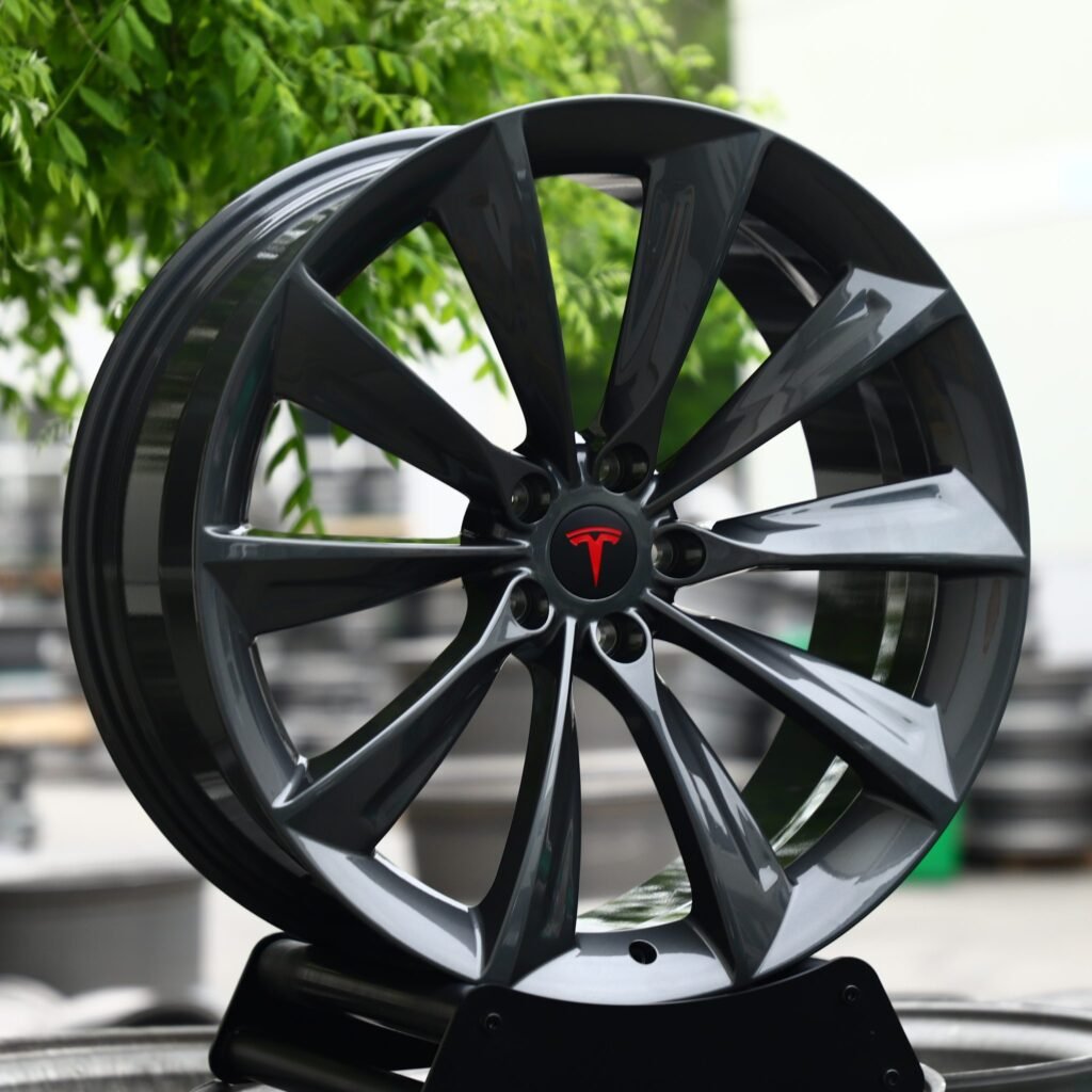 Tesla Model Y wheels – Gunmetal Turbine 10-Spoke (Tesla OEM-Style), angled view