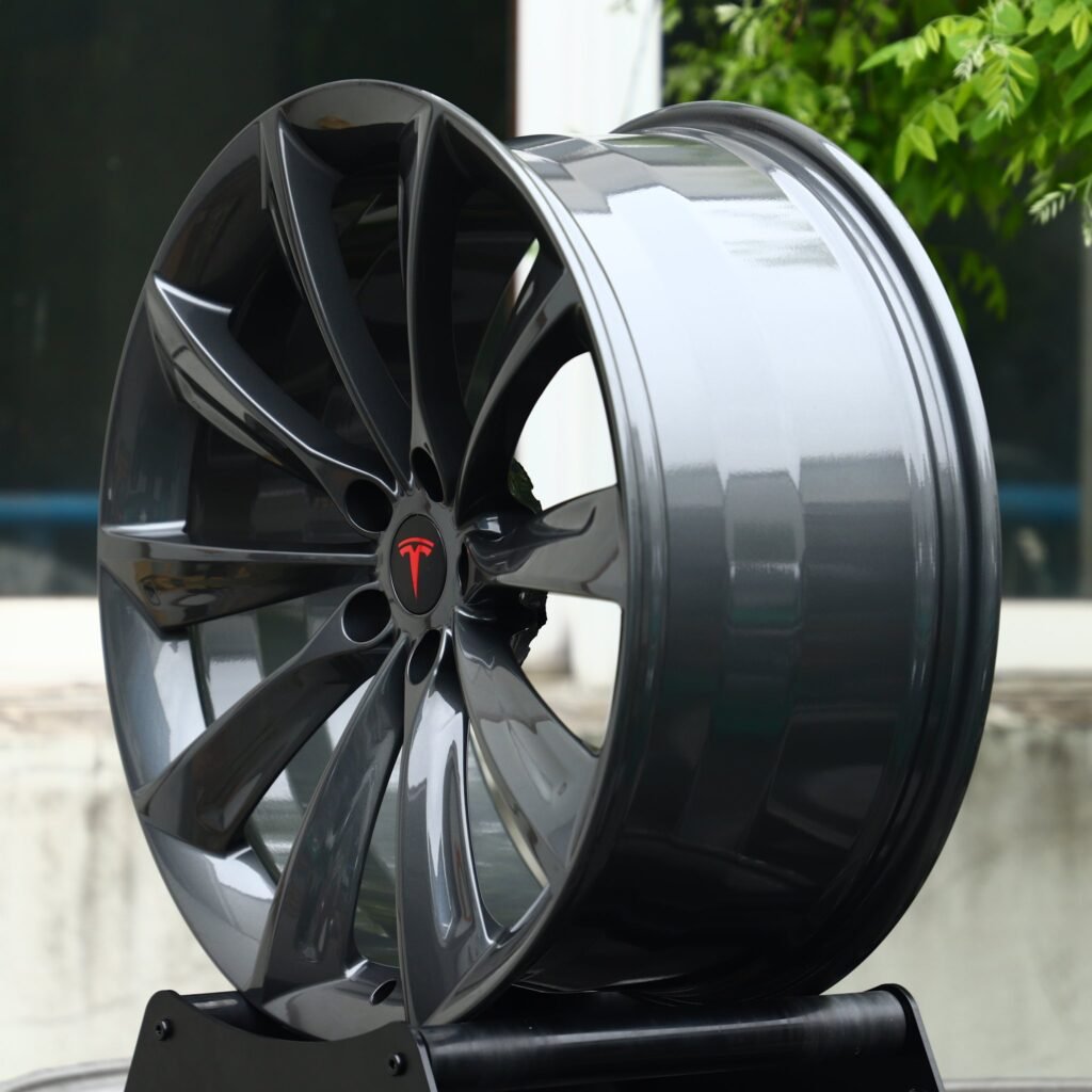 5x114.3 wheels – Gunmetal Turbine 10-Spoke (Tesla OEM-Style), side view
