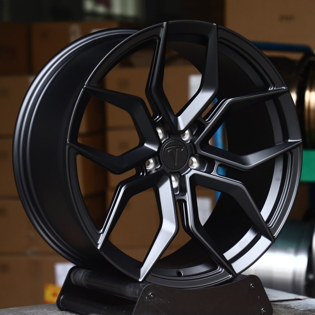 Tesla Model Y wheels – Matte Black 5 Y-Spoke (Tesla OEM-Style), angled view