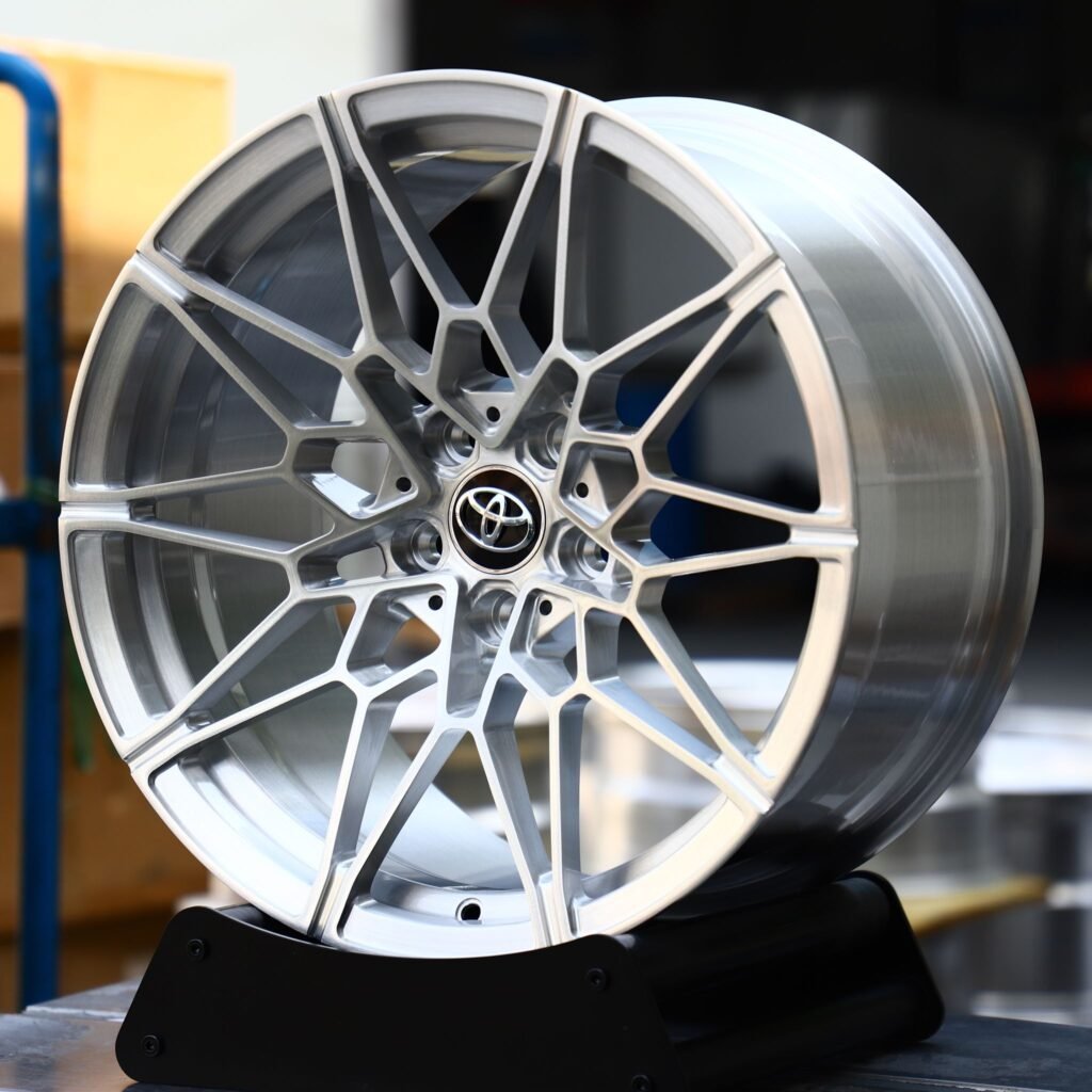 Toyota Supra wheels – Brushed Silver Mesh Multi-Spoke (Toyota OEM-Style), angled view