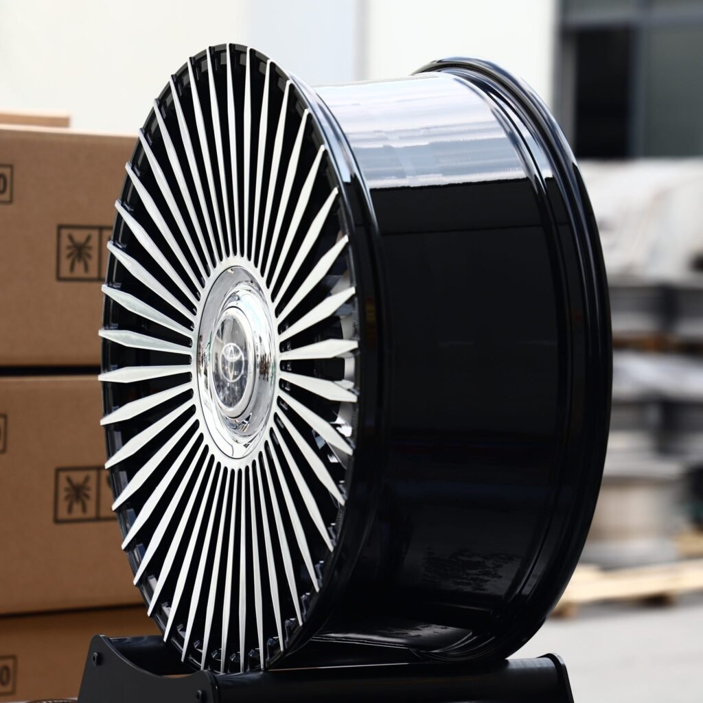 5x114.3 wheels – Gloss Black Machined Turbine Multi-Spoke (Toyota OEM-Style), side view