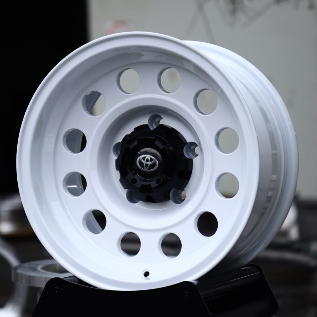 Toyota Tundra wheels – Gloss White Steelie-Style Dish (Toyota OEM-Style), angled view