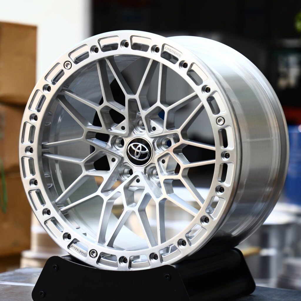 Toyota Supra wheels – Silver Milled Mesh Beadlock (Toyota OEM-Style), angled view