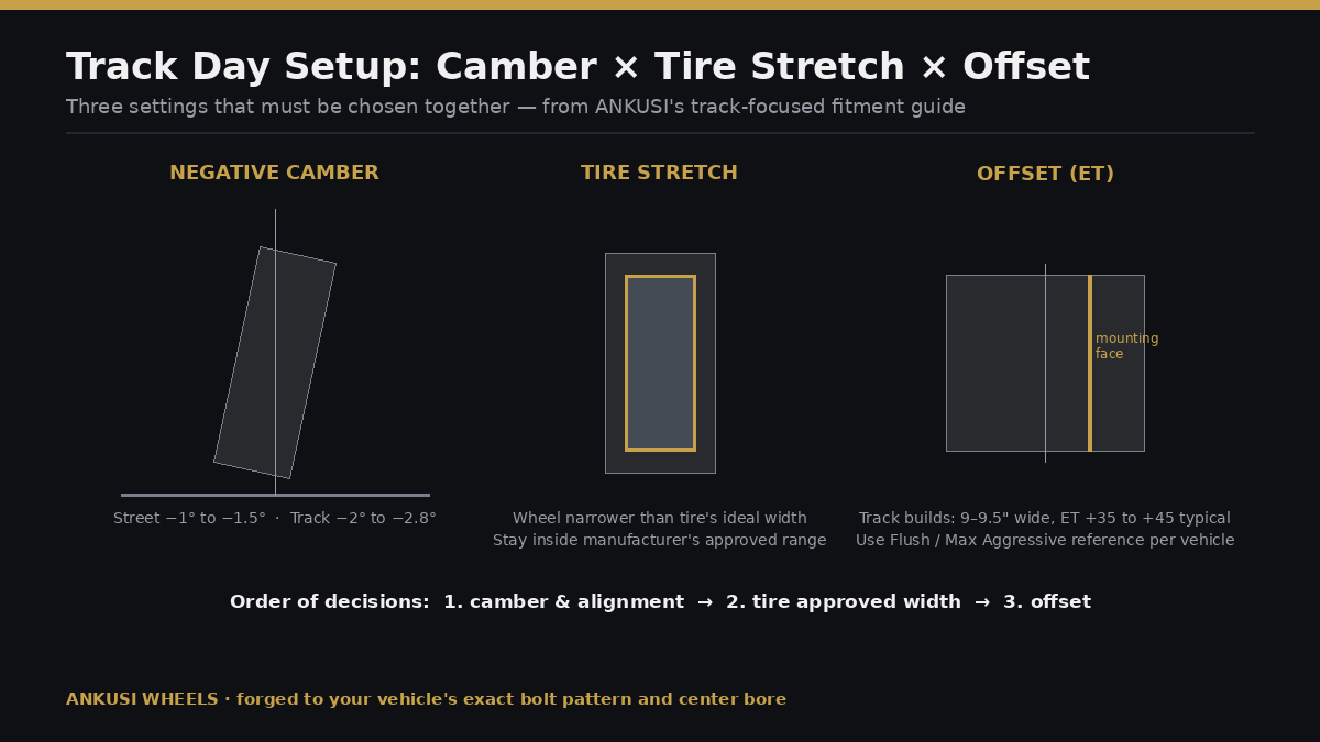 Track day wheel setup diagram showing how negative camber, tire stretch and wheel offset work together