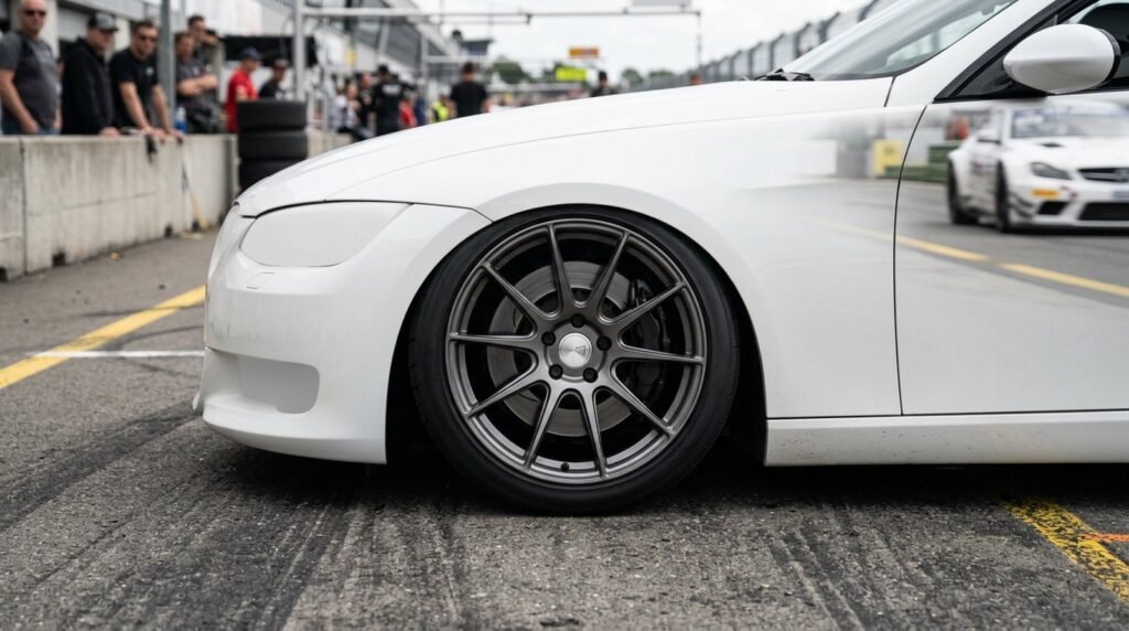 Lowered white sports coupe in a race track pit lane with negative camber on a wide gunmetal forged 10-spoke track wheel