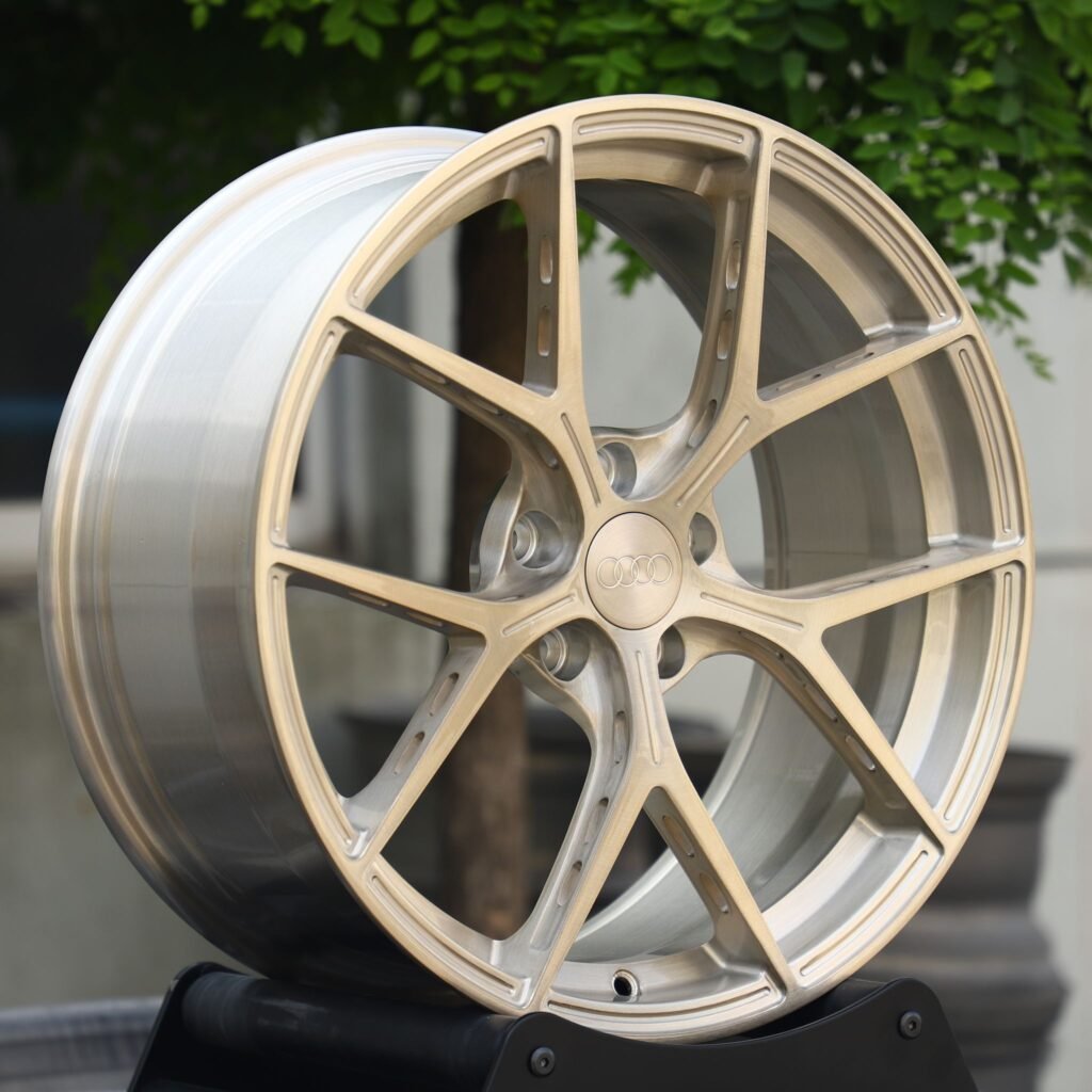 5x112 wheels – Transparent Frozen Gold 5 Y-Spoke (Audi OEM-Style), side view