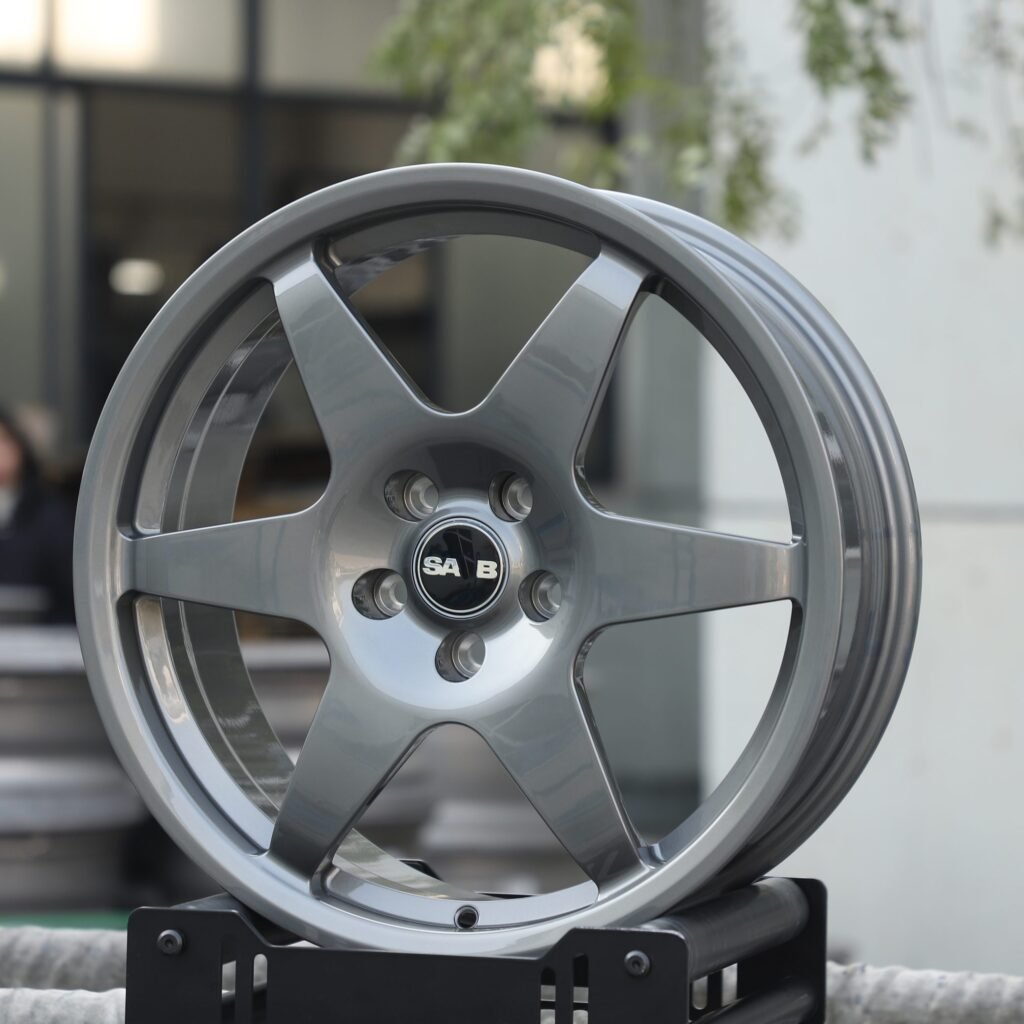Saab 9-3 wheels – Transparent Gray 6-Spoke Side-Milled (Saab OEM-Style), front view