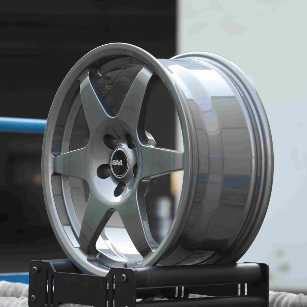 5x110 wheels – Transparent Gray 6-Spoke Side-Milled (Saab OEM-Style), side view
