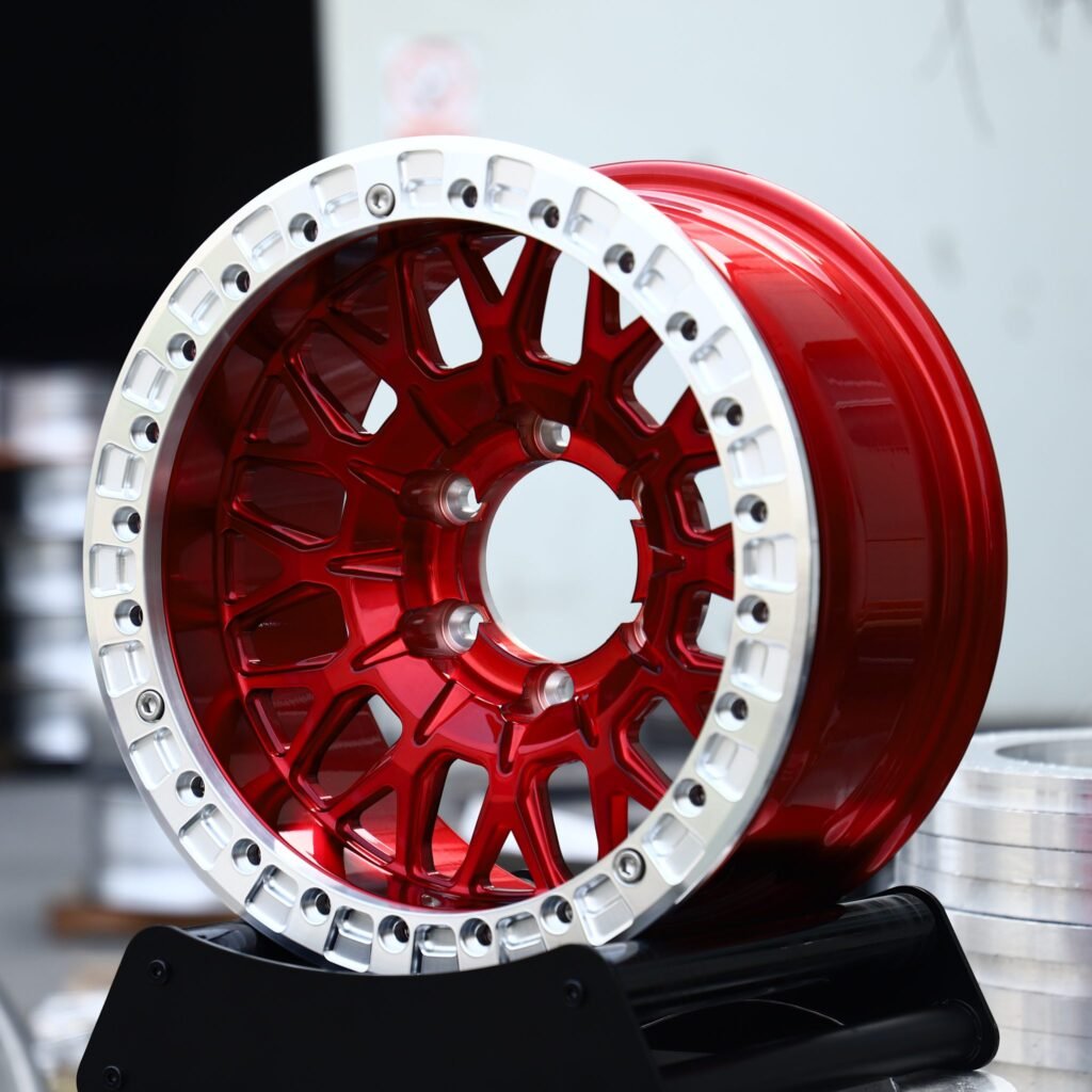 Chevrolet Silverado wheels – Transparent Red / Silver Mesh, angled view