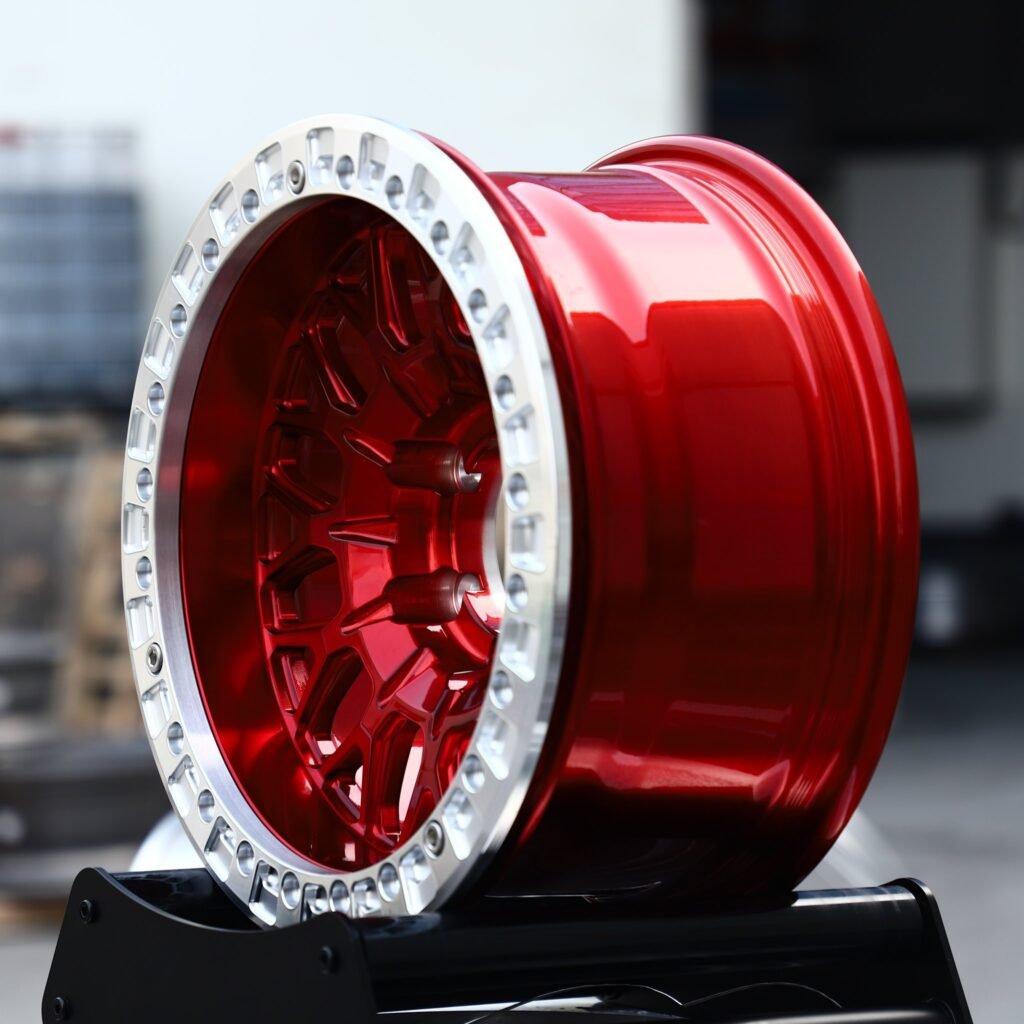 6x135 wheels – Transparent Red / Silver Mesh, side view