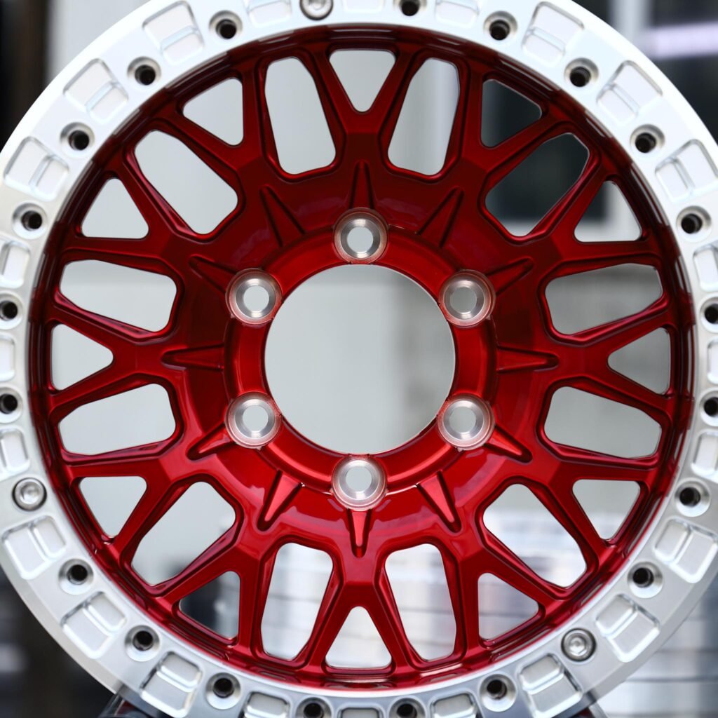 Toyota 4Runner wheels – Transparent Red / Silver Mesh, lip and barrel detail