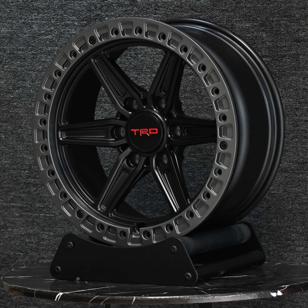 Toyota Tundra wheels – TRD Matte Gray / Gloss Black 6-Spoke Beadlock, lip and barrel detail