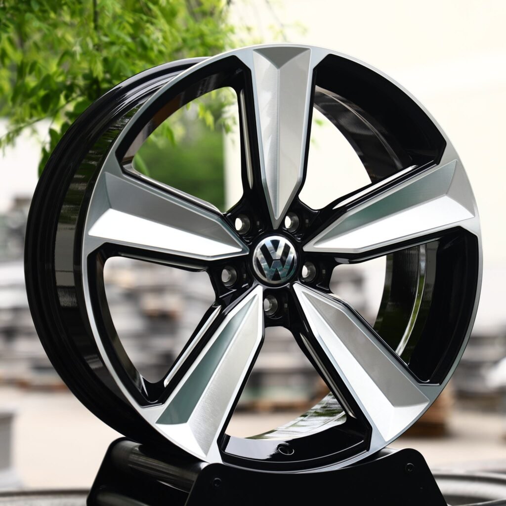 Volkswagen Tiguan wheels – Gloss Black Machined 5-Spoke (Volkswagen OEM-Style), angled view
